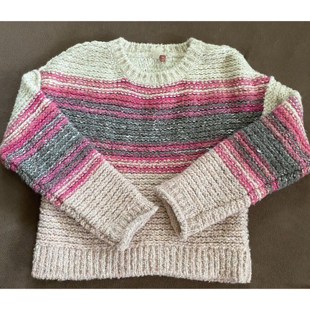 Pilcro Sz XS Cream, Pink, Gray Striped Wool Blend Italy Crew neck LS Rolled Cuff